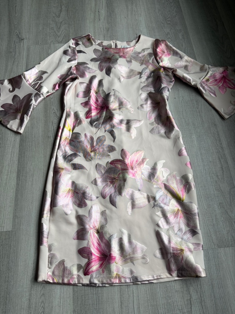 Olivia Matthews Floral Dress Size 14 Bell Sleeve Shift Dress Pink Cream C#1F